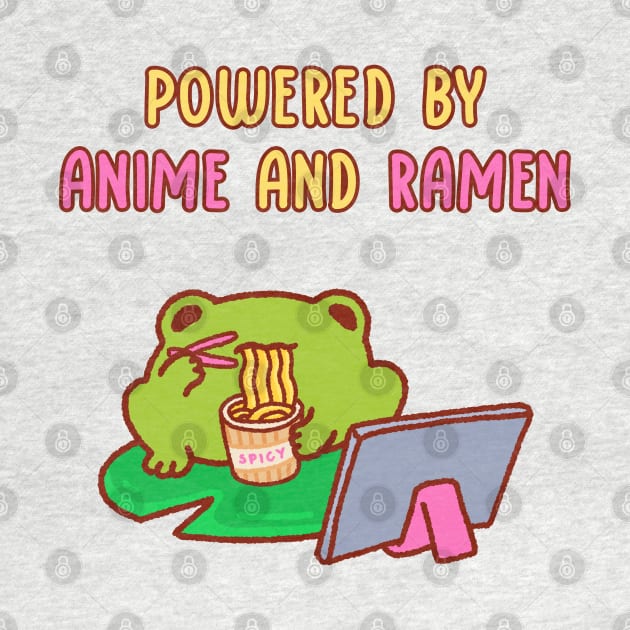 Powered by anime and ramen, a cute frog eating ramen noodles and watching his ipad by Tinyarts